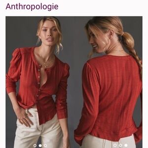 2/25 Anthropologie Pilcro Puff-Sleeved Cardigan Short Top Petite Henley buttons